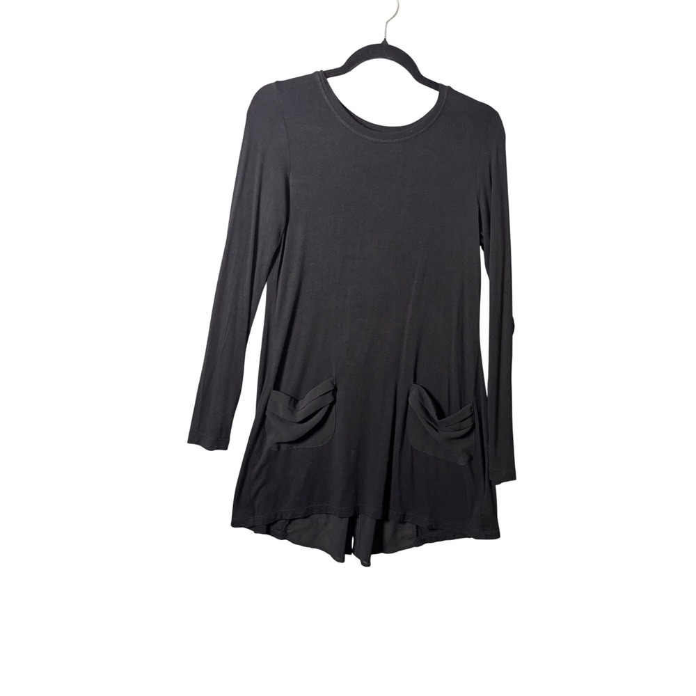 LOGO Lori Goldstein Tunic XS Black Button Back Mixed Media Lagenlook Feminine